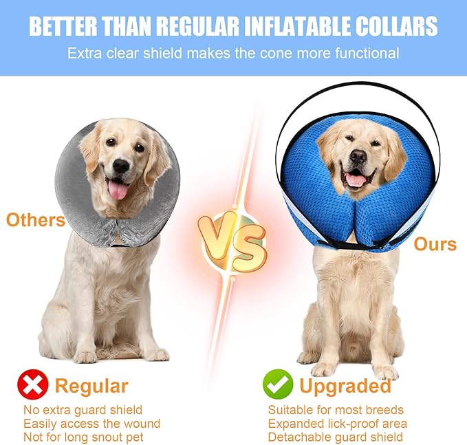 2-in-1 Soft Inflatable Dog Cone Collar Alternative with Enhanced Anti-Licking Guard Shield, Dog Donut Collar After Surgery, Adjustable Cones for Large Medium Small Dogs and Cats (Blue,L)