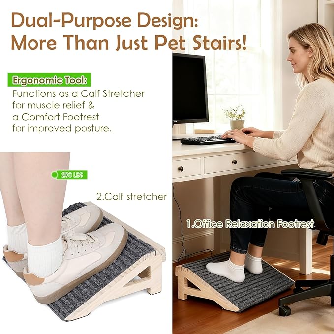 1-Pack Dog Stairs Ramp for Small & Aged Dogs - Wooden Anti-Slip Pet Steps, Low-Angled Dog Assist Ramp for Indoor & Outdoor, Slant Board Calf Stretcher & Office Footrest, Patio/Home/Office 3-in-1 Use