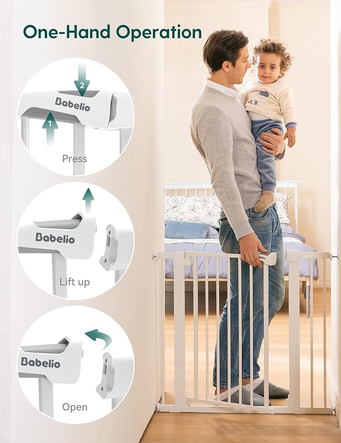 Babelio Baby Gate for Doorways and Stairs, 36“ Tall Pet Gate, PressGuard P7 with Auto Close Design, 29"-43" Wide Easy Install Pressure Mounted, Safety Gate Door for Child and Pet, White
