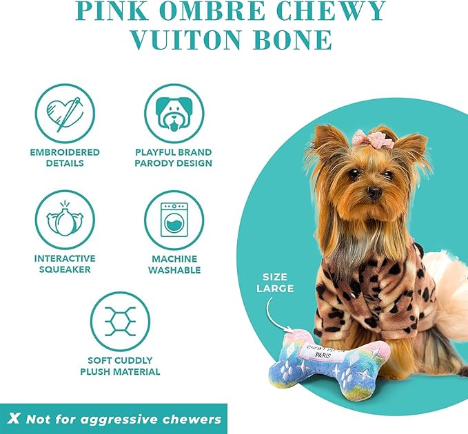 Haute Diggity Dog Chewy Vuiton Bone Plush Squeaky Dog Toy, Soft Durable Designer-Inspired Stuffed Puppy Chew Toys for Small & Medium Dogs, Machine-Washable (Pink Ombre) Large
