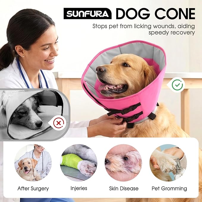 SUNFURA Dog Cones for Medium Dogs, Soft Cone for Dogs to Stop Licking, Comfy Dog Cone with Elastic Collar Loop, Recovery E-Collar Alternative for Wound Healing After Surgery, Pink M