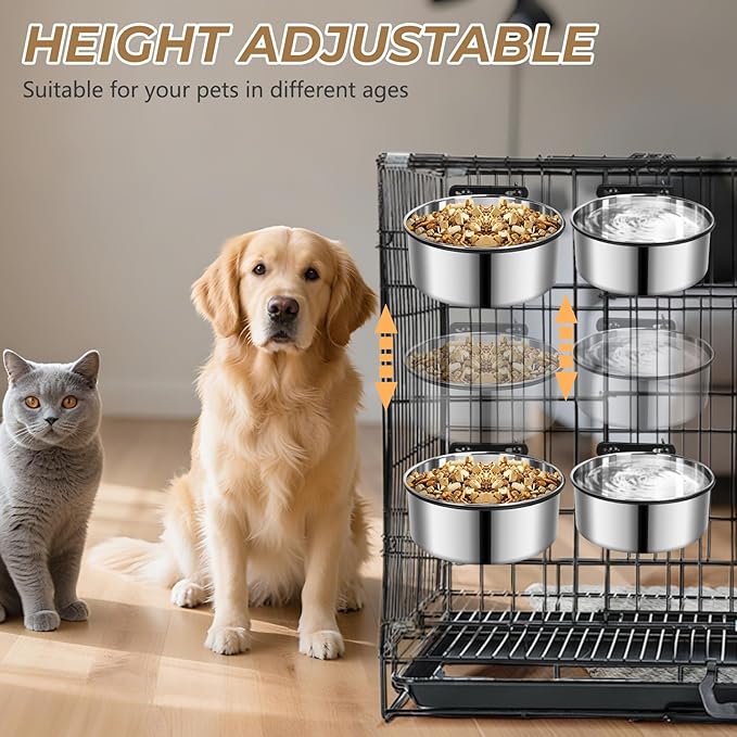 2 Pack Large Kennel Bowls Mountable,Dog Crate Water Bowl No Spill,Hanging Dog Bowl for Crate Cage,Stainless Steel Dogs Water Feeder Dish for Dogs Cats Bunny Ferret Bird,Silver