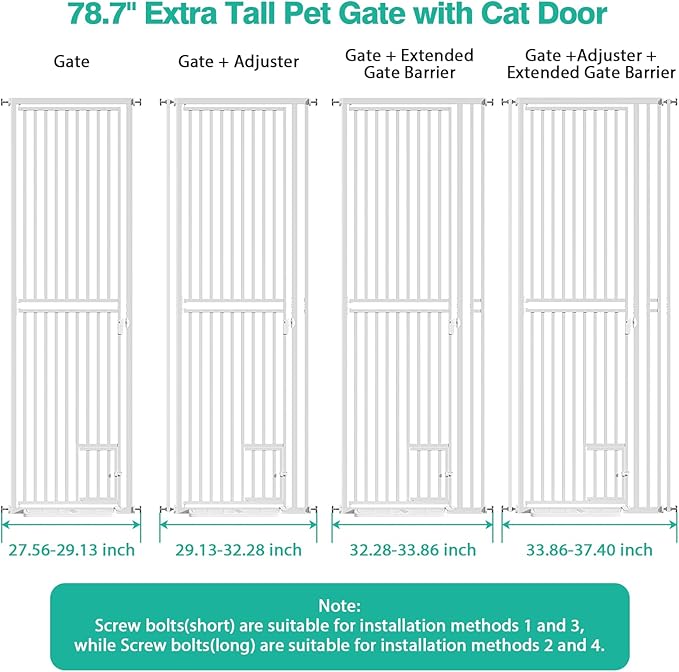 78.7 inch Extra Tall Pet Gates for Cats Dogs, Adjustable 27.5" ~ 37.4" Wide Cat Gate, Pressure Mounted Full Door Pet Gate for Doorway, Stairs,House(White, 78.7")
