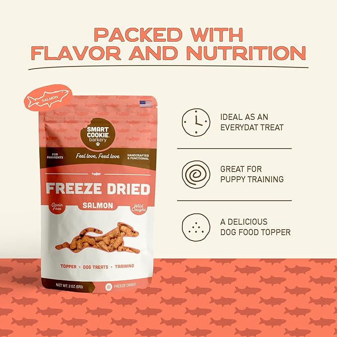 Smart Cookie Freeze Dried Salmon Bites - Single Ingredient Freeze Dried Treats for Dogs - Wild Caught Alaskan Salmon Dog Training Treats & Dog Food Topper - Made in USA - 2oz Bag, 1 Pack