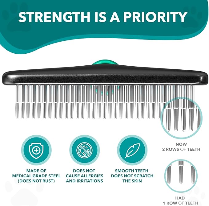 DOGI Deshedding Brush Comb - Undercoat Rake for Dogs, Cats, Short, Long Hair Coats - Double Row Stainless Steel Pins - Reduce Shedding by 90% (Green)