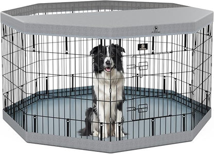 PJYuCien Dog Playpen with Top Cover and Bottom Pad - Metal Foldable Exercise Pen, 8 Panels 30" H x 24" W Indoor Outdoor Pet Fence Puppy Crate Kennel, Gray