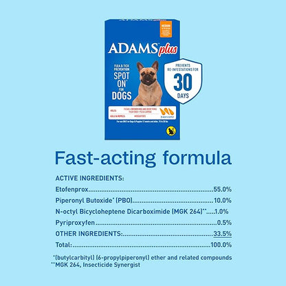 Adams Plus Flea & Tick Prevention Spot On for Dogs 15-30 Pounds, 12 Weeks & Older, 3-Month Supply, Kills Fleas, Flea Eggs, Flea Larvae & Brown Dog & Deer Ticks, Kills & Repels Mosquitoes For 30 Days