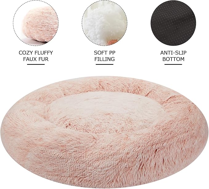 Bedfolks Calming Donut Dog Bed, 45-Inch Round Plush Anti-Anxiety Dog Bed, Washable with Non-Slip Bottom (Pink, Extra Large)