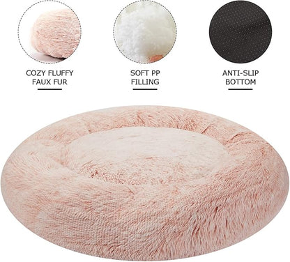 Bedfolks Calming Donut Dog Bed Cat Bed, 23 Inches Round Fluffy Dog Beds for Small Dogs, Machine Washable Anti-Anxiety Plush Puppy Bed（Pink, Small）