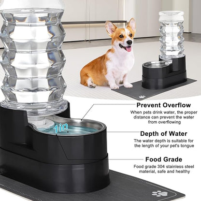 RIZZARI Large Water Dispenser for Dogs: 8L Black Raised Gravity Auto-Refill Waterer with Stainless Steel Bowl - Leak-Resistant & Easy Cleaning - Less Bending for Senior Dogs - Garage & Garden
