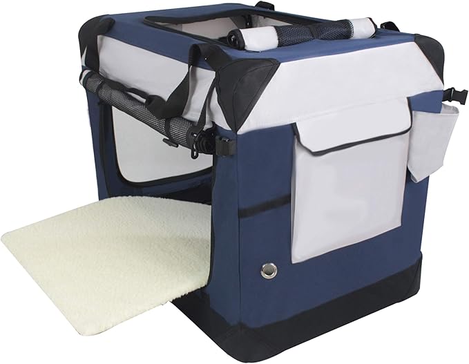 EliteField 4-Door Folding Soft Dog Crate with Curtains, Carrying Bag and Fleece Bed (2 Year Warranty), Indoor & Outdoor Pet Home (20" L x 14" W x 14" H, Navy Blue+Gray)