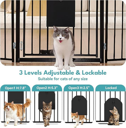 No Pawblems Free Standing Dog Gate with Cat Door, 30'' Tall Foldable Dog Fence for Indoor & Outdoor, Up to 104 Inch Extra Wide Puppy Gate for Stairs, Hallways, Doorways, Deck, Yard (Black, 4 Panels)