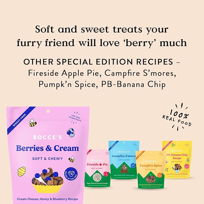 Bocce's Bakery 'Berries & Cream Treats for Dogs, Wheat-Free Everyday Dog Treats, Made with Real Ingredients, Baked in The USA, Natural Soft & Chewy Cookies, Cream Cheese & Blueberry, 6 oz