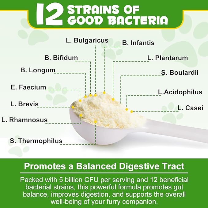 Probiotics for Dogs - Probiotic Powder with 5 Billion CFU & Prebiotics, 12-Strain Formula for Digestive Health & Diarrhea Relief, Vet-Recommended for Sensitive Stomach 4.23oz