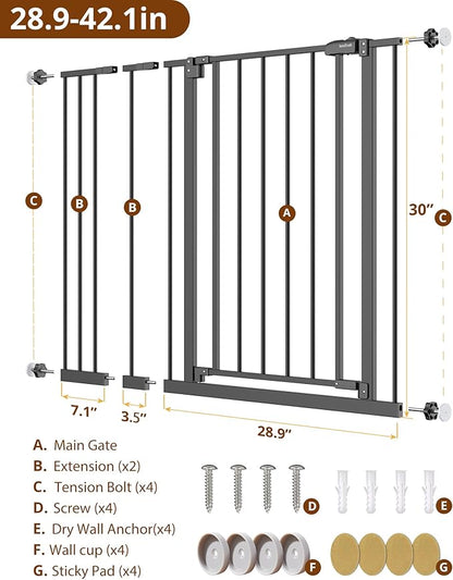 InnoTruth 28.9-42.1" Wide Baby Gate for Stairs, 30" Tall Dog Gates for Doorways Expandable One-Hand Open, Easy Walk Through Dual Lock Metal Pet Gates for Dogs, Black-Family & Mom's Choice Award Winner