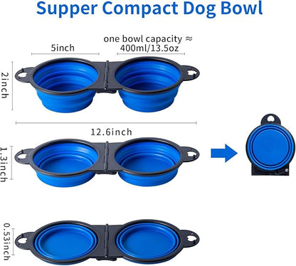 SLSON Collapsible Dog Dual Bowls Reinforced Rim 180 Degrees Flip Over Foldable Double Bowl with Lock Clips More Stable Dog Travel Bowls Pet Food Water Feeder (Blue)