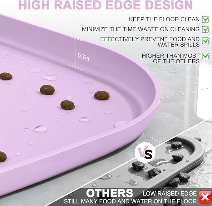 Smilool Silicone Pet Food Mat with Raised Edge for Food and Water Bowl, Dog Feeding Mats, Cat Food Trays for Floor Waterproof, Rubber Tray for Dogs and Cats, 19 x 12 x 0.7 Lavender