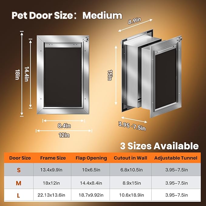 Dog Door for Wall, Medium Doggy Door, Heavy Duty Cat Pet Door, All Aluminum Frame, 2 Magnetic Flaps, Energy Efficient, Sliding Lock Panel, Easy to Install (Pets Up to 45 LB)