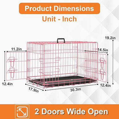 Dog Crate Dog Cage Dog Kennel Outdoor Metal Wire Double-Door Folding Pet Animal Pet Cage for Small Dog 30 inches with Double Door&Leak-Proof Pan Tray,Pink
