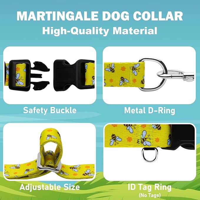Martingale Collar for Dogs with Buckle No Pull Adjustable Nylon Limited Slip Training Dog Collars (Yellow Bee, Small)