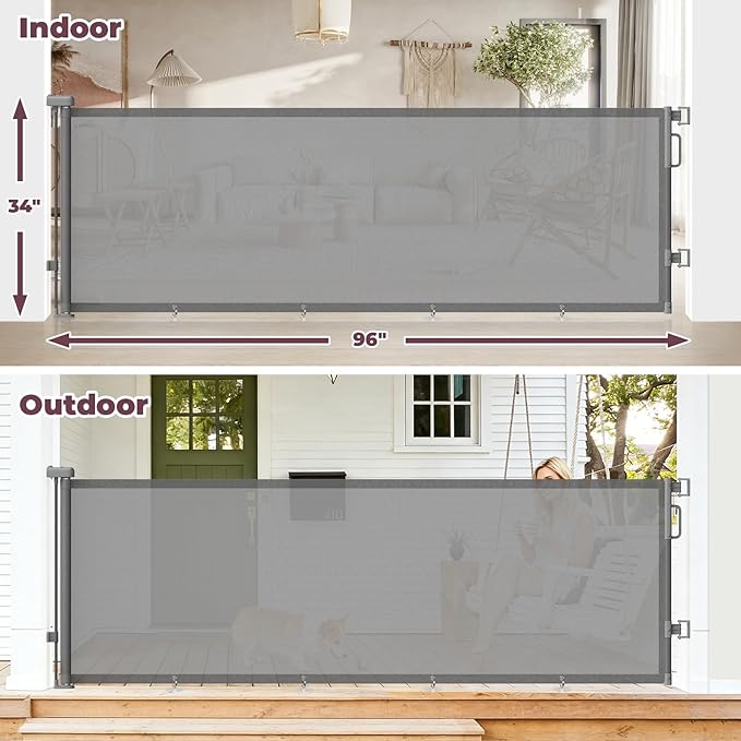 96" Retractable Baby Gates Large Openings, Extra Wide Mesh Dog Gate for Garage Deck Porch, Strong Suction Disc Prevent Crawling Under, 34" Tall Long Safety Gate for Child Indoor Outdoor, Gray