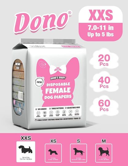 Dono Dog and Cat Diapers Female-40PCS, Disposable Female Dog Period Diaper for Heat with Wetness Indicator, Super Absorbent Doggie Puppy Diapers Female for XXS,Small Medium Large Dogs