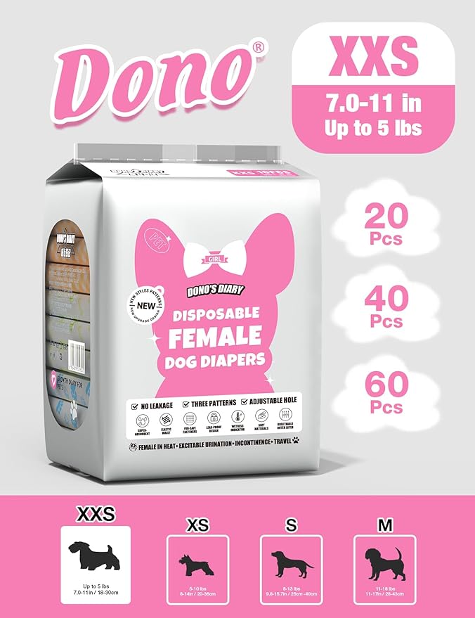 Dono Dog Diapers Female-60Pcs, Disposable Doggie Diapers with Wetness Indicator, Super Absorbent Leak-Proof Pet Puppy Diaper for Female Dogs in Peeing or Elderly Incontinence