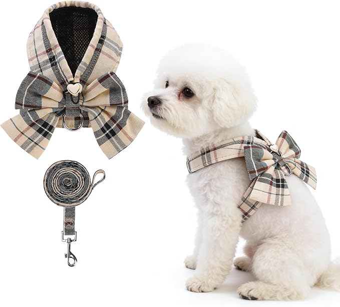 KOOLTAIL Small Dog Harness and Leash Set, Cute Puppy Vest Harnesses with Bowtie, Step in No Pull Soft Mesh Padded Adjustable Plaid Pet Harness for Extra-Samll Medium Dogs Cats, Boy Girl, XS S, Beige M
