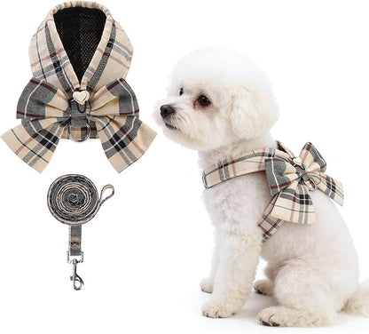 KOOLTAIL Small Dog Harness and Leash Set, Cute Puppy Vest Harnesses with Bowtie, Step in No Pull Soft Mesh Padded Adjustable Plaid Pet Harness for Extra-Samll Medium Dogs Cats, Boy Girl, XS S, Beige M