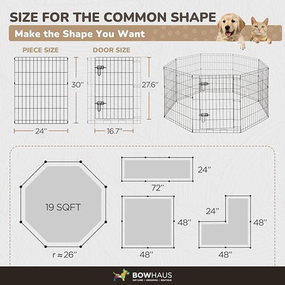 BOWHAUS Foldable Outdoor/Indoor Pet Playpen with Gate, Available in 30 Inch Height Metal Portable Kennel, Heavy-Duty Exercise Fence Cage 8 Panels for Medium Dog, Animals