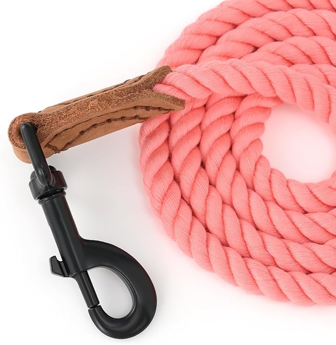 Mile High Life Dog Leash, Braided Cotton Rope Leashes with Leather Tailor Tip with Leather Tip - Heavy Duty Metal Clasp, 5FT, 1/2" Thick - Wedding, Walking Leash for Medium Large Dogs(Pink)