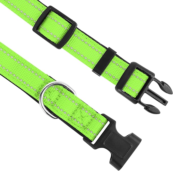 Reflective Dog Collar, Adjustable Soft Neoprene Padded Nylon Pet Collars with Buckle for Medium Dogs, Green,M