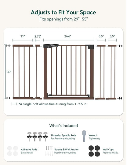 Babelio 29-55" Extra Wide Baby Gate for Stairs & Doorways, Metal Auto Close Pressure Mounted Child & Pet Safety Gate, Easy Install NO Need Tools and Drilling for Indoor Use, Brown