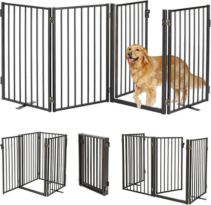 Metal Freestanding Dog Gates with Door for Outdoor Indoor,80'' Extra Wide Free Standing Dog Gate for Doorways,Large Openings,Deck,Yard,Porch,Foldable Safety Pet Fence(Black,4 Panels)