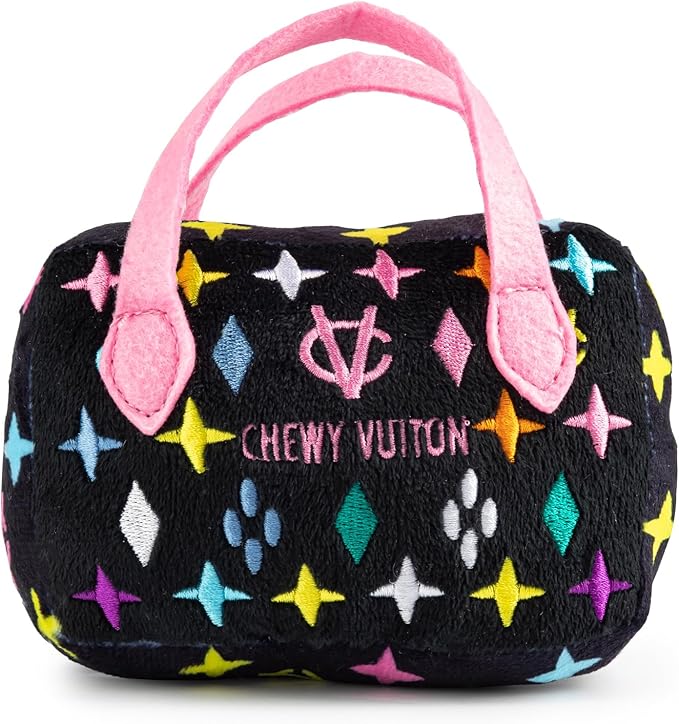 Haute Diggity Dog Chewy Vuiton Handbag Plush Squeaky Dog Toy, Soft Durable Designer-Inspired Stuffed Puppy Chew Toys for Small & Medium Dogs, Machine-Washable (Black Monogram) Small