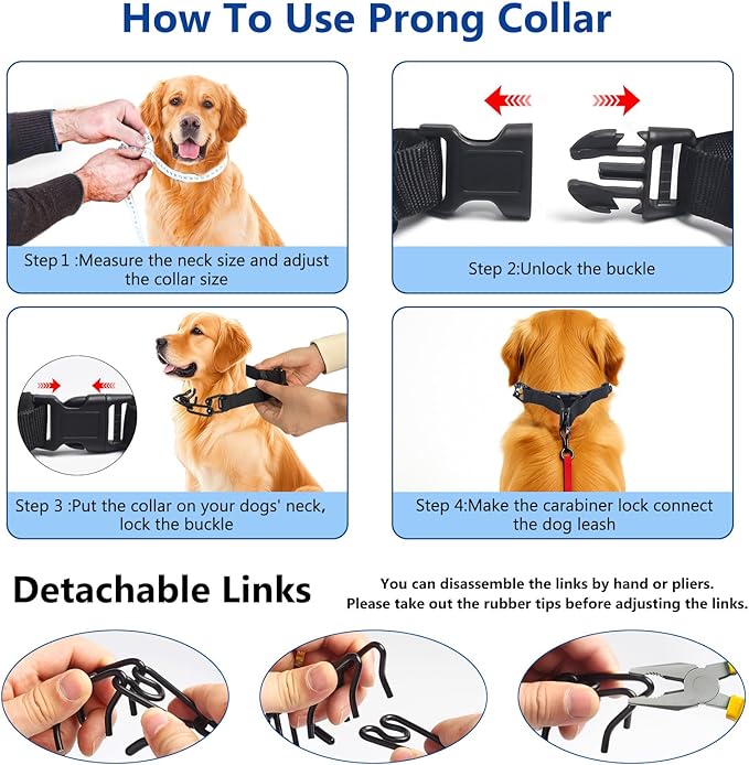 Prong Collar for Large Dogs, Dog Pinch Collar,Dog Training Collar,High Strength Quick Release Buckle,Comfort Rubber Tips (Black，4.0mm, 23.6-Inch)