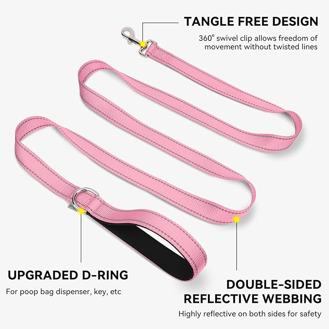 Joytale Dog Leash, 5 FT Double-Sided Reflective, Padded Handle Nylon Heavy Duty Leashes for Small Dogs Walking, Pink