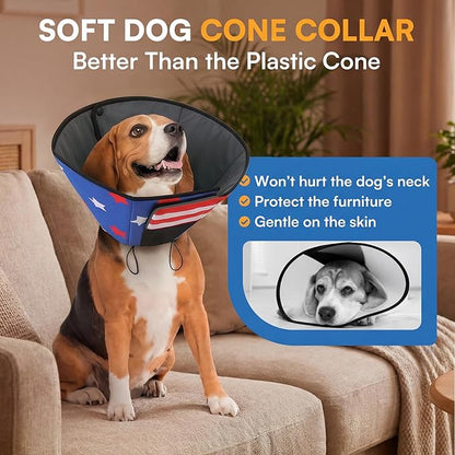Queenmore Dog Cone, Cone for Dogs to Stop Licking, Dog Cones for Medium Dogs, Adjustable Doggy Recovery Collars & Cones, Elizabethan Collar for Pets After Surgery, USAFlag M