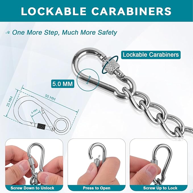 Dog Collar Safety Clip, Chew Proof Prong Collar Double Ended Backup Clasp Stainless Steel, Heavy Duty Dog Chain Leash Connector for Harness, Pinch, Gentle Lead with Carabiner, 10in