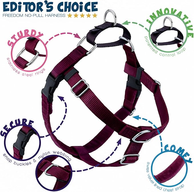 2 Hounds Design Freedom No Pull Dog Harness, Adjustable Harness, Easy Walking & Comfortable Control, Fits Small, Medium & Large Dogs, Solid Colors, Made in USA, 1" LG, Burgundy