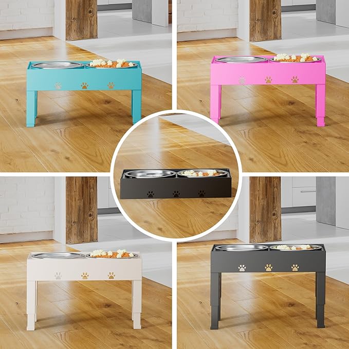 LAKIPETN Elevated Dog Bowls with Mat, Raised Dog Food Bowl Stand with 2 Stainless Steel Bowls, 5 Height Adjustable (3.1", 9", 10", 11", 12") Non-Slip Feeder Set for Medium and Large Dogs – Apricot
