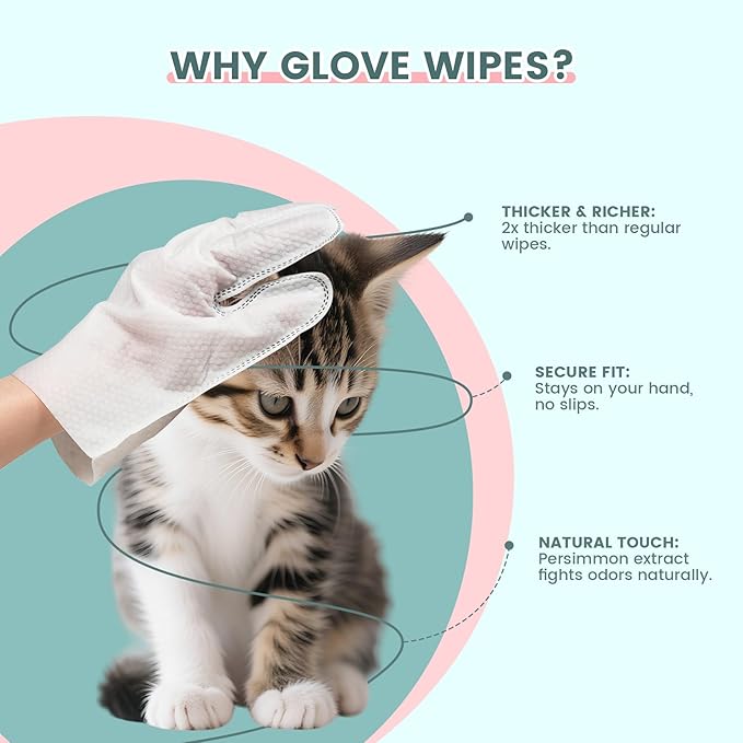 IMMHABI 100 Pcs Pet Glove Wipes, Cleaning & Deodorizing for Dogs & Cats, Hypoallergenic Dog Bath Wipes with Natural Persimmon Tannin, Unscented Wipes for Ears, Fur, Paws