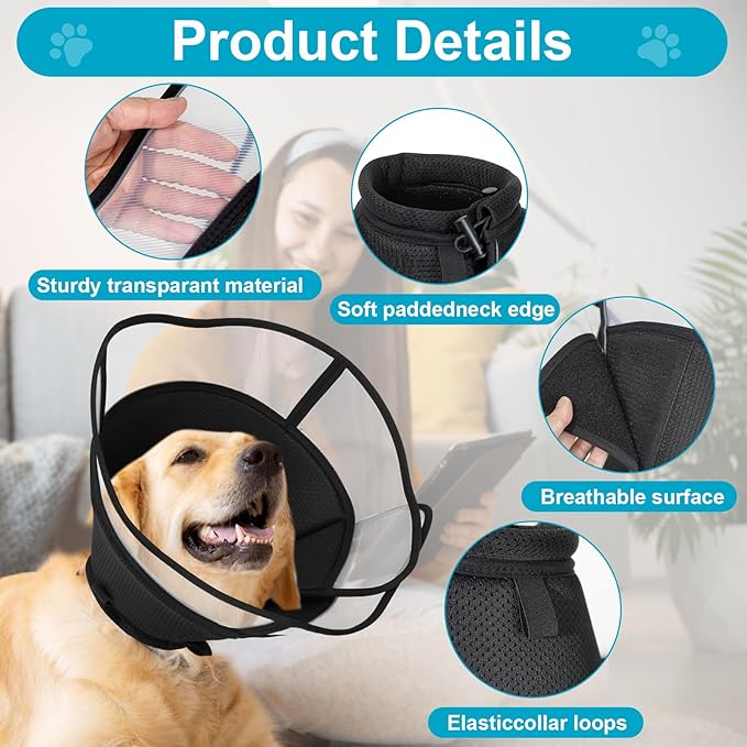 Soft Elizabethan Dog Cone Collar for Large, Medium & Small Dogs - Adjustable Recovery Collar for Post-Surgery, Wound Protection & Licking Prevention - Lightweight Pet Cone Alternative（Black,L）