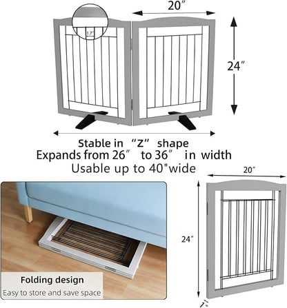 ZJSF Freestanding Dog Fence Indoor, Foldable Dog Gate for Doorways, Stairs or Hallways, Sturdy Wood Extra Wide Pet Gate with Support Feet for The House, Grey, 24 "Height-2 Panels