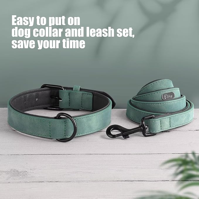 Didog Soft Padded Leather Dog Collar and Leash Set, Adjustable Dog Lead and Collar Set with Metal Buckle, Breathable Pet Collars with 4FT PU Leather Leash for Large Dogs, Green, XL