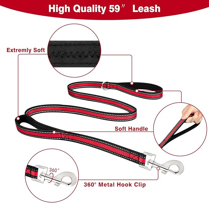 WINSEE Pet Harness Collar and Leash Set, All-in-one Reflective Dog Harness No Pull with Adjustable Buckles for Puppies, Small, Medium, Large, and Extra-Large Dogs (Medium, Red)