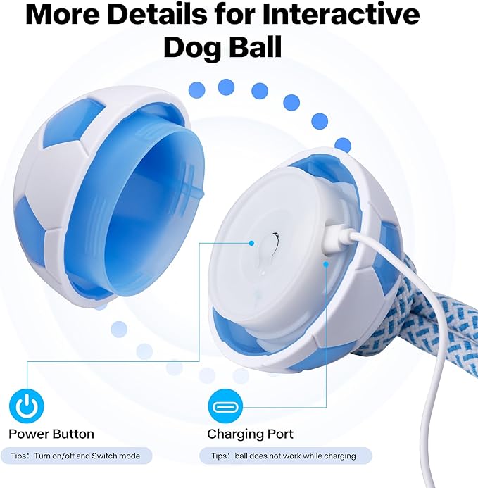 Pet Prime Interactive Dog Ball Toy with Rope,Rechargeable Automatic Rolling Ball with Motion Activated,3 Play Modes for Medium/Large Dogs, Self-Moving Toy to Keep Pets Busy and Entertained