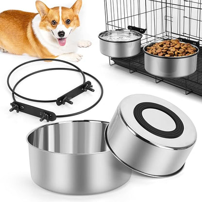 Dog Bowl for Crate, ShineMe 2 Pack 54oz & 34oz Nonslip Rubber Bottom Stainless Steel Food a Water Kennel Bowls Mountable on Cage Dog Hous