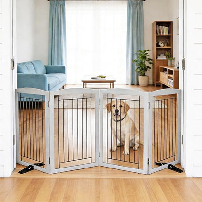 ZJSF Freestanding Dog Fence Indoor, Foldable Dog Gate for Doorways, Stairs or Hallways, Sturdy Wood Extra Wide Pet Gate with Support Feet for The House, Grey, 32 "Height-4 Panels