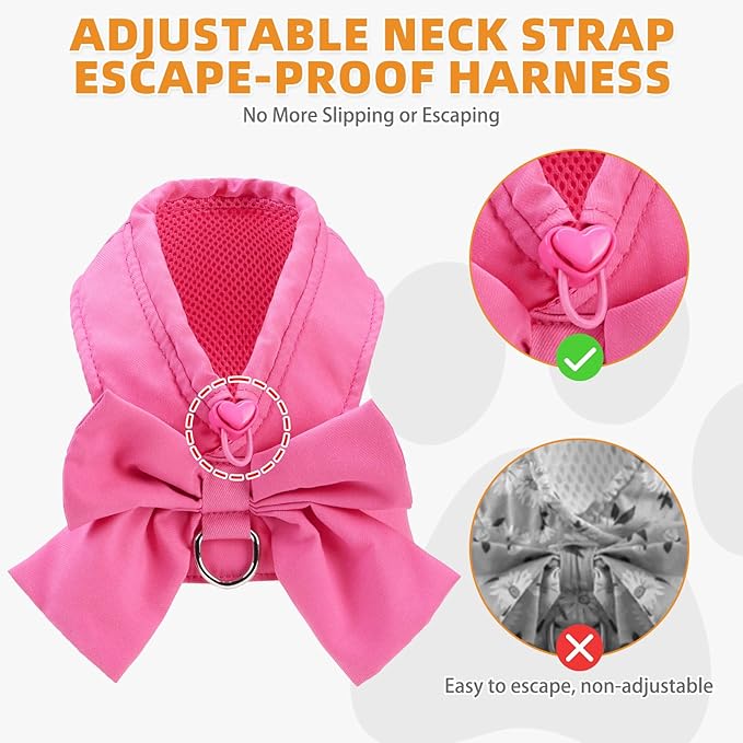 KOOLTAIL Small Dog Harness and Leash Set, Cute Puppy Vest Harnesses with Bowtie for Girl Outfit, Step in No Pull Soft Mesh Padded Adjustable Pet Harness for Extra-Samll Medium Dogs Cats XS-M, Pink S